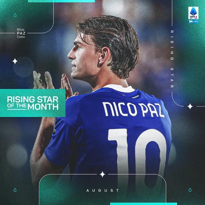 皇冠体育-2场比赛1球1助，尼科-帕斯当选意甲8月最佳U23球员